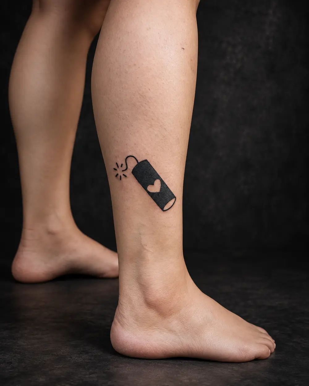 Tatuaje minimalista de dinamita con corazón en el tobillo por Lucca Haro, tatuador en Buenos Aires (CABA)